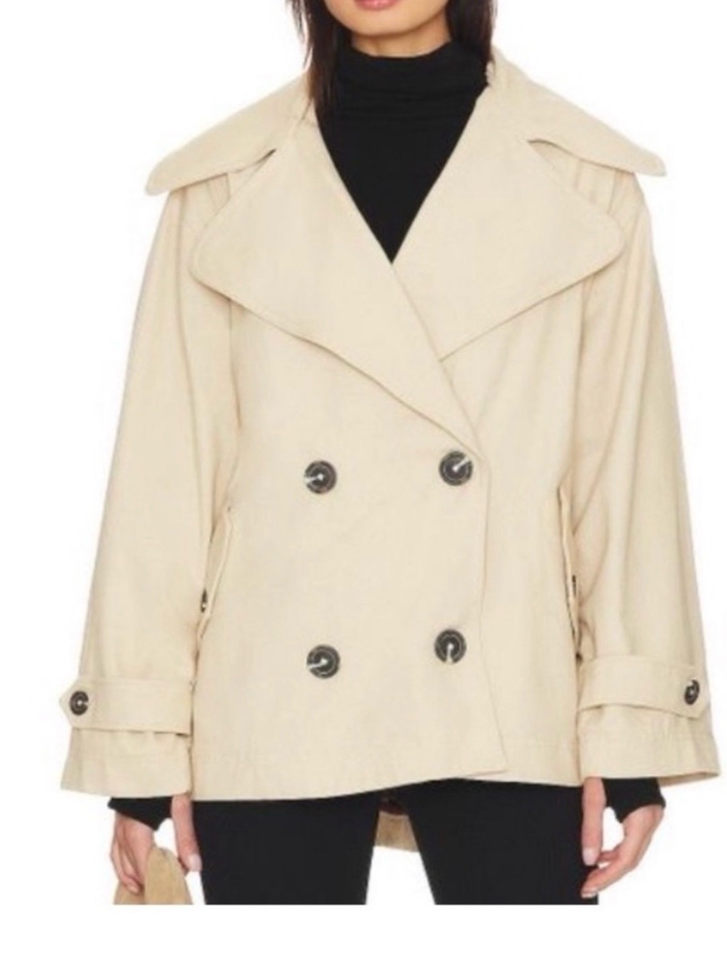 Free People Tan Highlands Double-Breasted Cotton Peacoat Oversized Size M